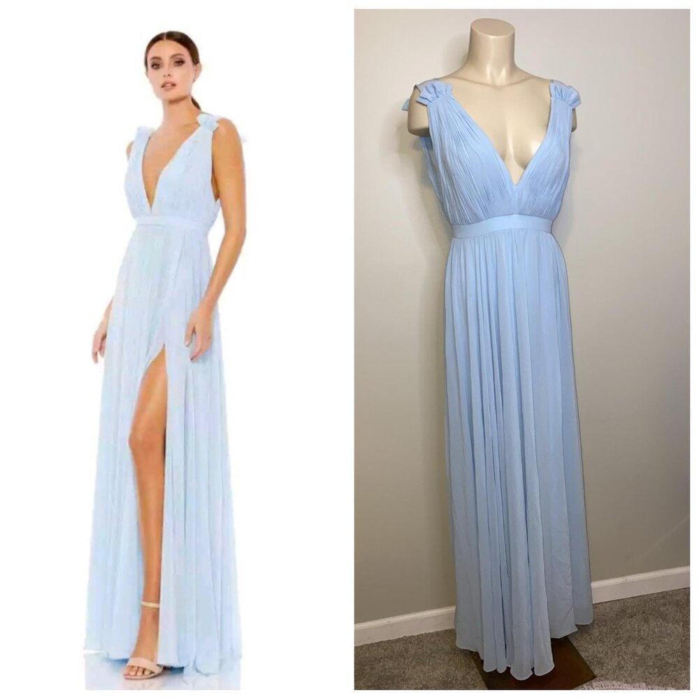 Mac DUGGAL Powder Blue Pleated Chiffon Sleeveless V-Neck - Picture 1 of 9